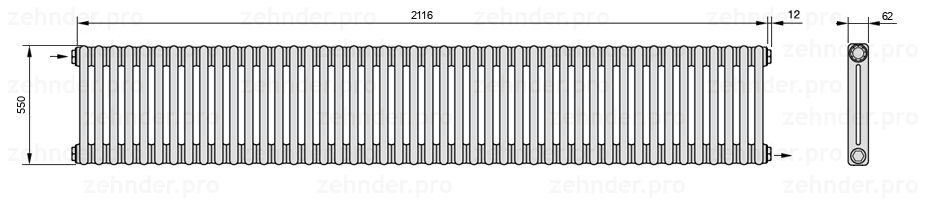 Схема (чертеж) Радиатор Zehnder Charleston 2055/46 №1670 Белый глянцевый RAL 9016